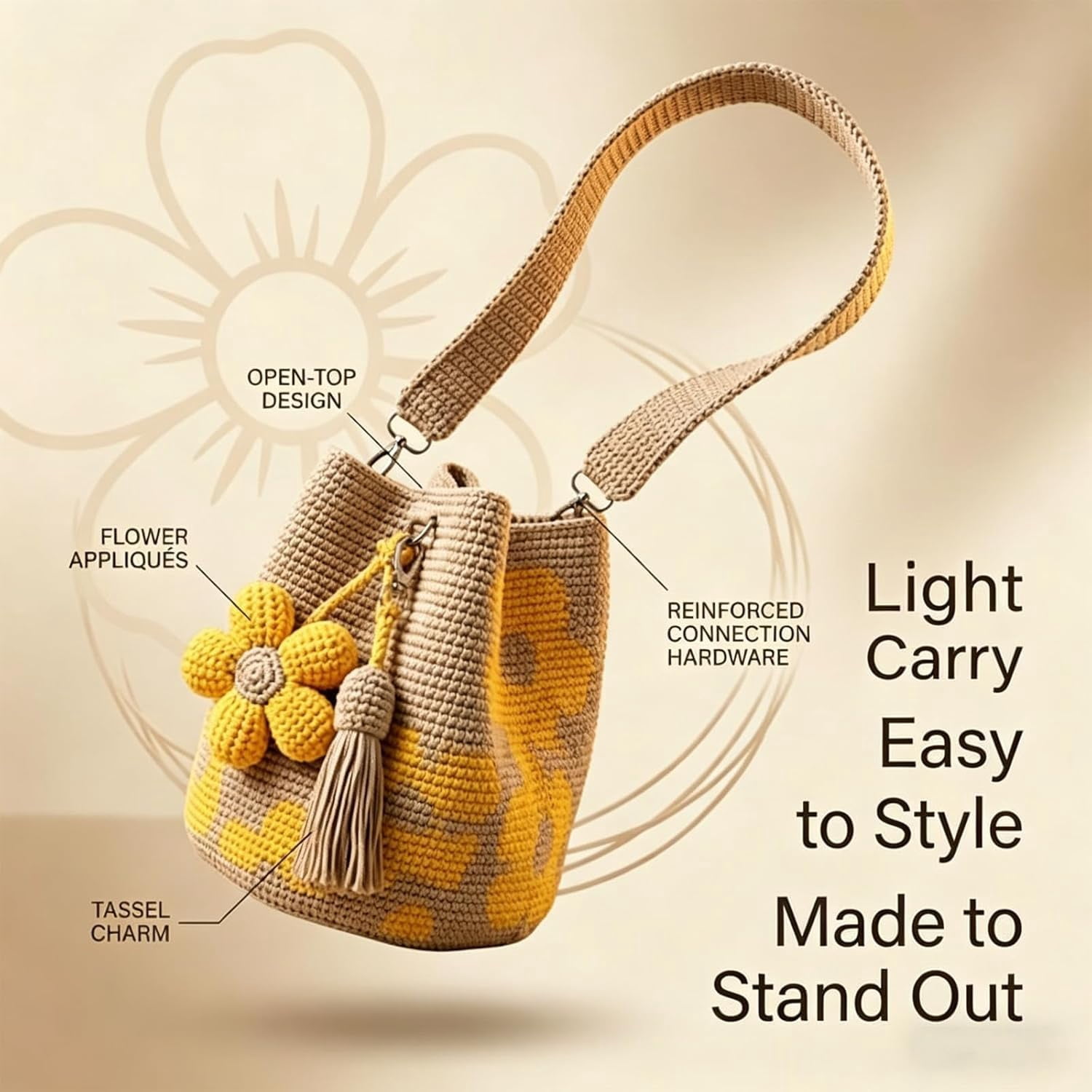 Handmade Crochet Flower Tote – Boho Floral Woven Shoulder Bag for Women, 3D Flower & Tassel Accents, Large Travel Purse