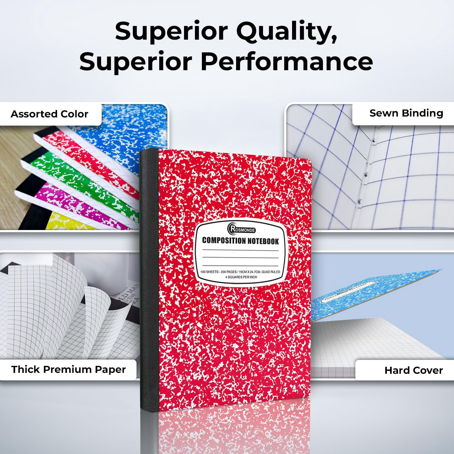 Bulk 50 Pack Quad Ruled Notebooks, 200 Pages Graph Composition Books for Office, Grid Paper Journals, Assorted Colors