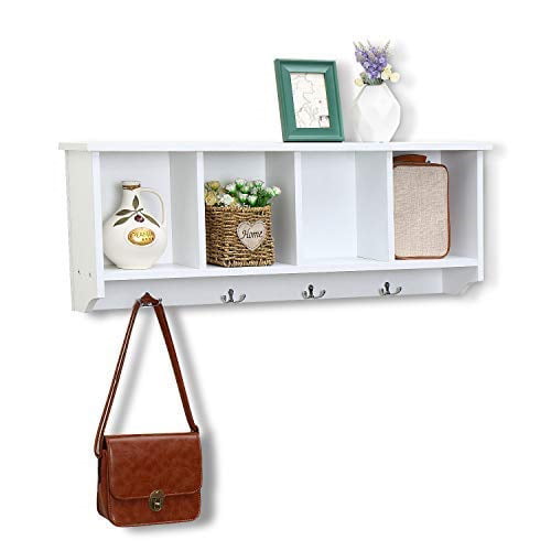 Kitchen Yang baby Bamboo Multifunctional Wall Mounted Floating Storage Shelves With 4 Coat Hooks Coat Rack For Bedroom Color : White Bathroom Decoration