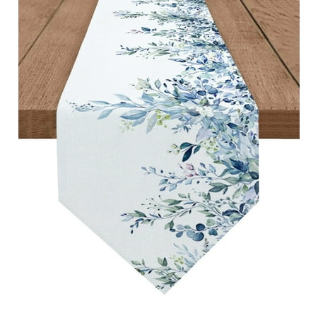 

Watercolor Flowers Blue Leaves Table Runner Wedding Party Decor Tablecloth Holiday Kitchen Table Decor Table Runner