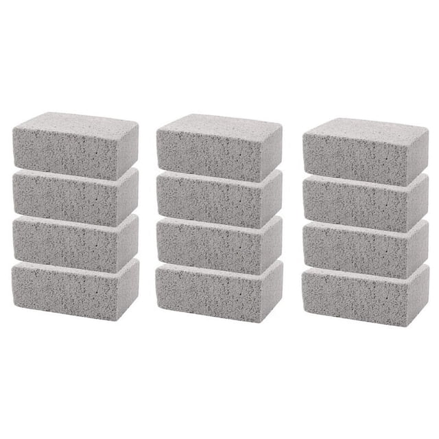 12PCS BBQ Grill Cleaning Brush Brick Block Barbecue Cleaning Stone Pumice Brick for Barbecue Rack Cleaner BBQ Tools. The image shows twelve grey pumice cleaning bricks arranged in three stacks of four. These foam glass bricks are designed for cleaning grills, BBQ racks, ovens, and other surfaces without scratching. Each brick measures approximately 10 x 6 x 4 cm and is suitable for removing grease, stains, and residues. Ideal for household and kitchen cleaning tasks.