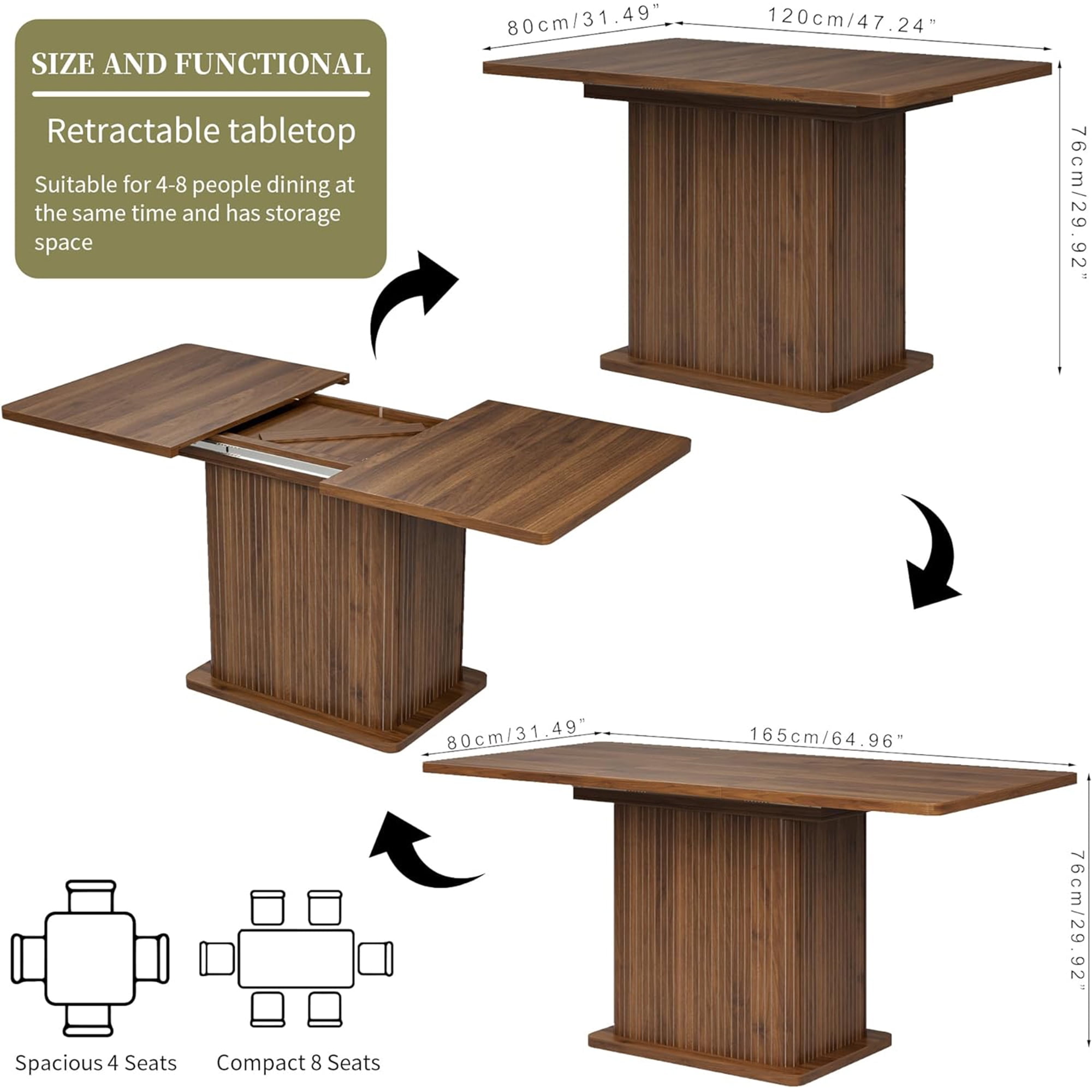 Extendable Dining Table for 4-8, Rectangle Dining Room Table with Storage, Modern Kitchen Table for Dinner, Living Room, Walnut