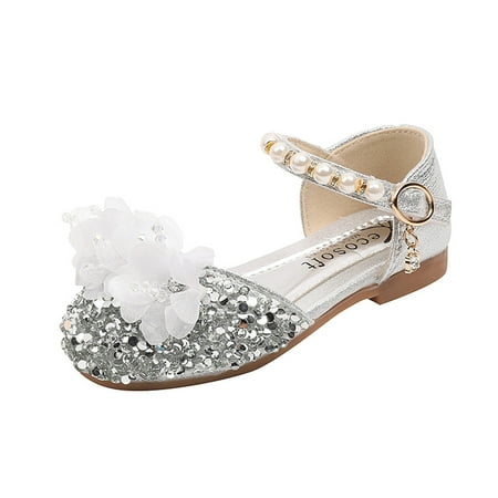 

NIEWTR Girls Sandals Little Kids Glitter Dress Shoes Low Heel Sequins Princess Sandals School Party Dress Shoes(Silver 26)