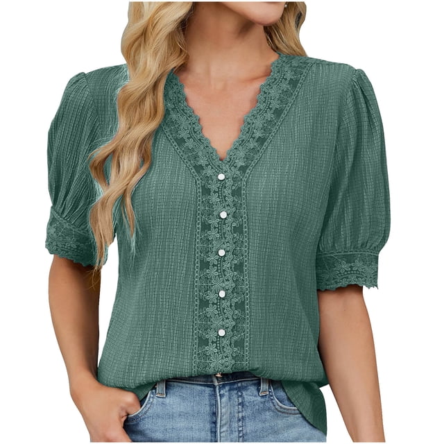 Eres Más Que una Camisa de Puntuación de Prueba Boho Top Manga Corta Cuello Redondo Blusa Suelta, Detalle de Encaje Color Sólido Desgaste de Verano Casual, Mezcla de Poliéster Spandex
