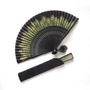 Eastern Wind black peacock hand folding fan, handheld foldable silk bamboo fan 8.5in