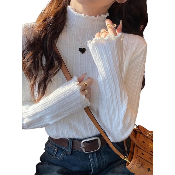Women's Ruffled Mock Neck Long Sleeve Sweater, Lightweight Solid Hollow Jacquard Cozy Knit Pullover Base Top, Dressy Casual Fall Winter Outfits