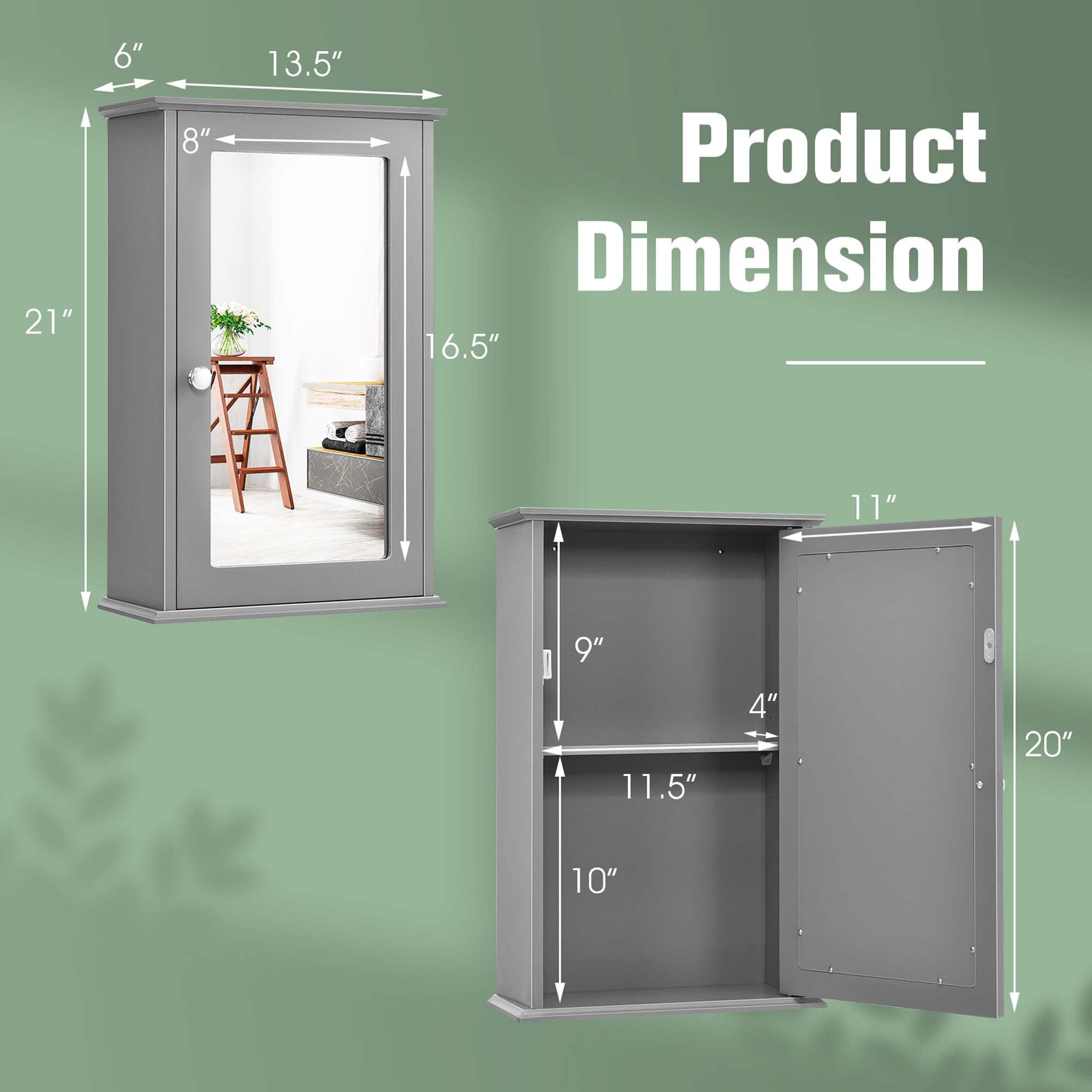 Costway Bathroom Wall Cabinet Single Mirror Door Cupboard Storage Medicine Cabinet Wood Shelf Grey