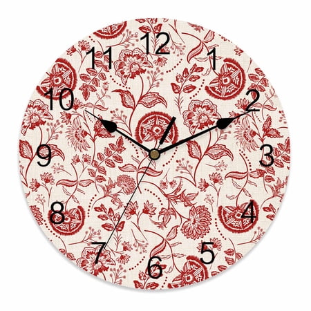 Wall Clock 14 Inch Red Chinoiserie Floral Round Silent Decorative Wall Clocks Battery Operated for Living Room Bedroom Kitchen Classroom Decor, Vintage Farmhouse Cottagecore,Large
