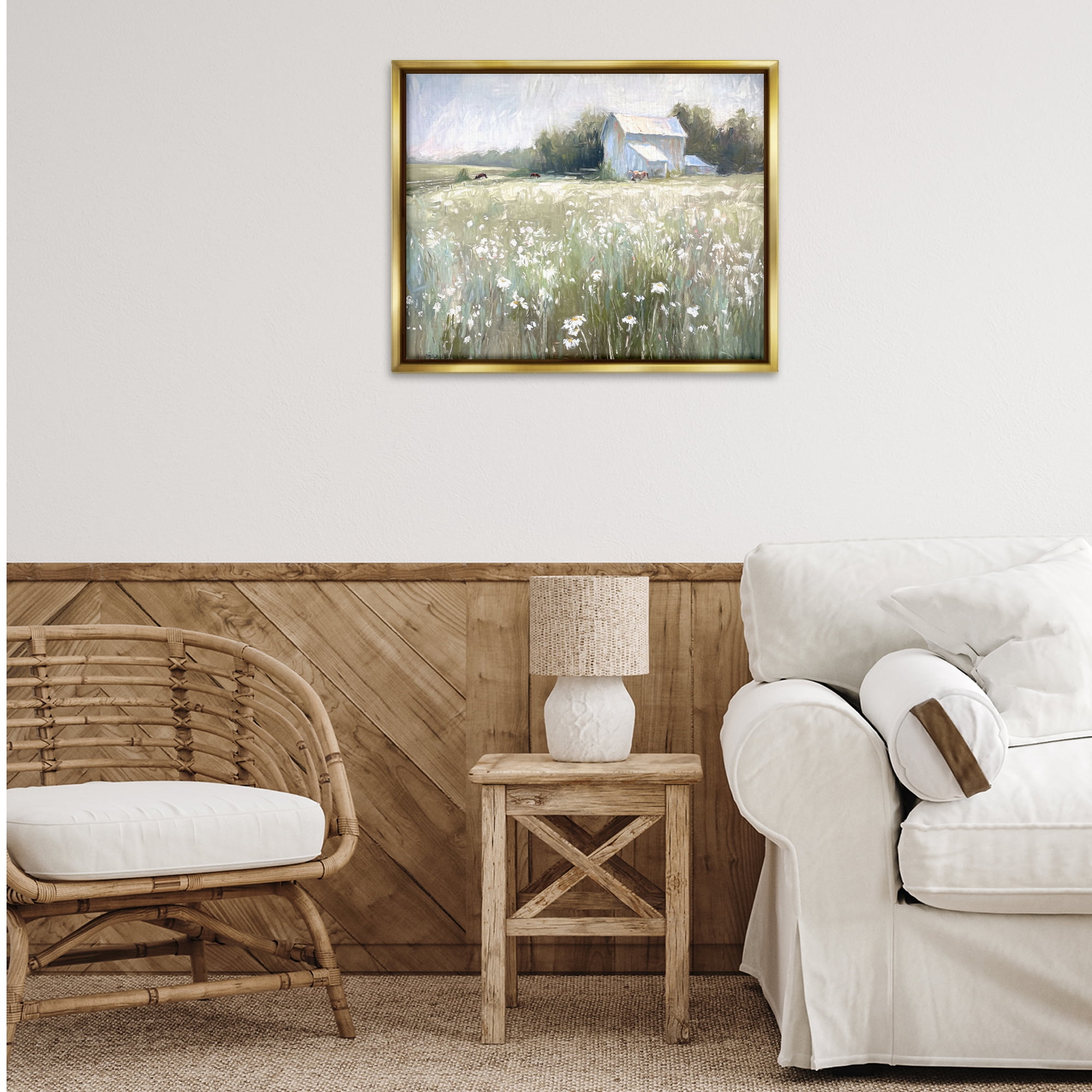 Stupell Industries Peaceful Pasture Meadow Landscape Painting Gold Floater Framed Canvas Art Print Wall Art, 31 x 25