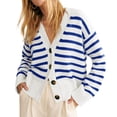 thumbnail image 4 of V Neck Button Down Long Sleeve Open Front Ribbed Knit Outerwear Womens Striped Cardigan Sweaters, 4 of 6