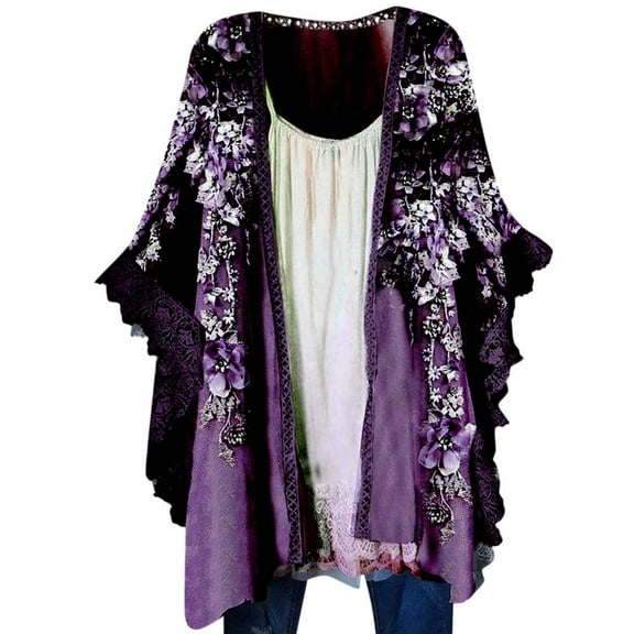iopqo womens t shirts women's floral print puff sleeve kimono cardigan loose cover up casual blouse tops t shirts for women purple   m