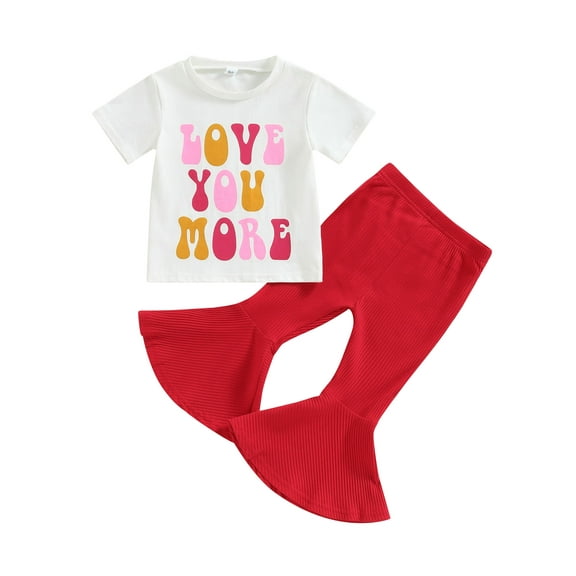 2pcs Baby Girl Valentines Day Bell Bottom Outfit Toddler Short Sleeve Love You More T-Shirt Top Flare Pants Set