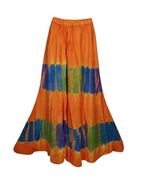 Mogul Womens Orange Tie Dye A-Line Gypsy Long Skirt Rayon Summer Style Hippie Chic Boho Maxi Skirts
