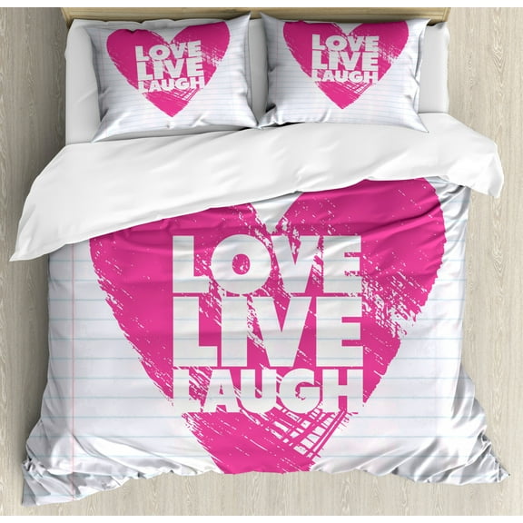 Live Laugh Love Queen Size Duvet Cover Set, Notebook Style Backdrop with a Giant Heart and a Motivational Phrase, Decorative 3 Piece Bedding Set with 2 Pillow Shams, Hot Pink White, by Ambesonne