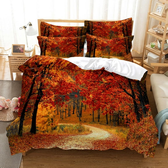Woodland Duvet Cover Redwood Trees Rain Forest Tropical Scenic Wild Nature rative Bedding Set Brown Green Adults