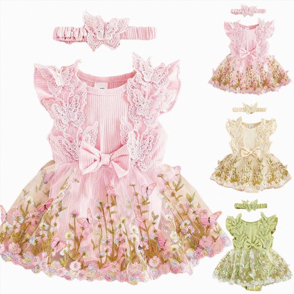Nwiuh Baby Girl Floral Romper Dress Newborn 0 3 6 12 18 Months Clothes Outfit Fly Ruffle Sleeve, Suspender Playsuit Overalls Onesie, Vintage Floral Print, Matching Headband (Pink, 6-9 Months)