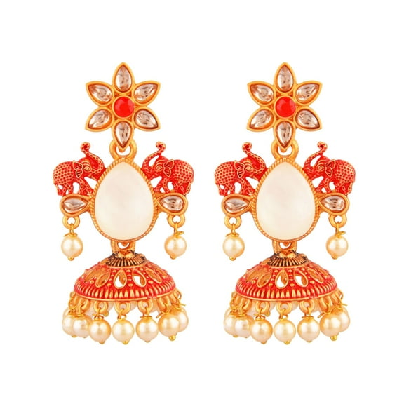 Efulgenz Indian Jewelry Bollywood Crystal Kundan Faux Pearl Floral Elephant Antique Jhumka Jhumki Earrings Set for Women - Red