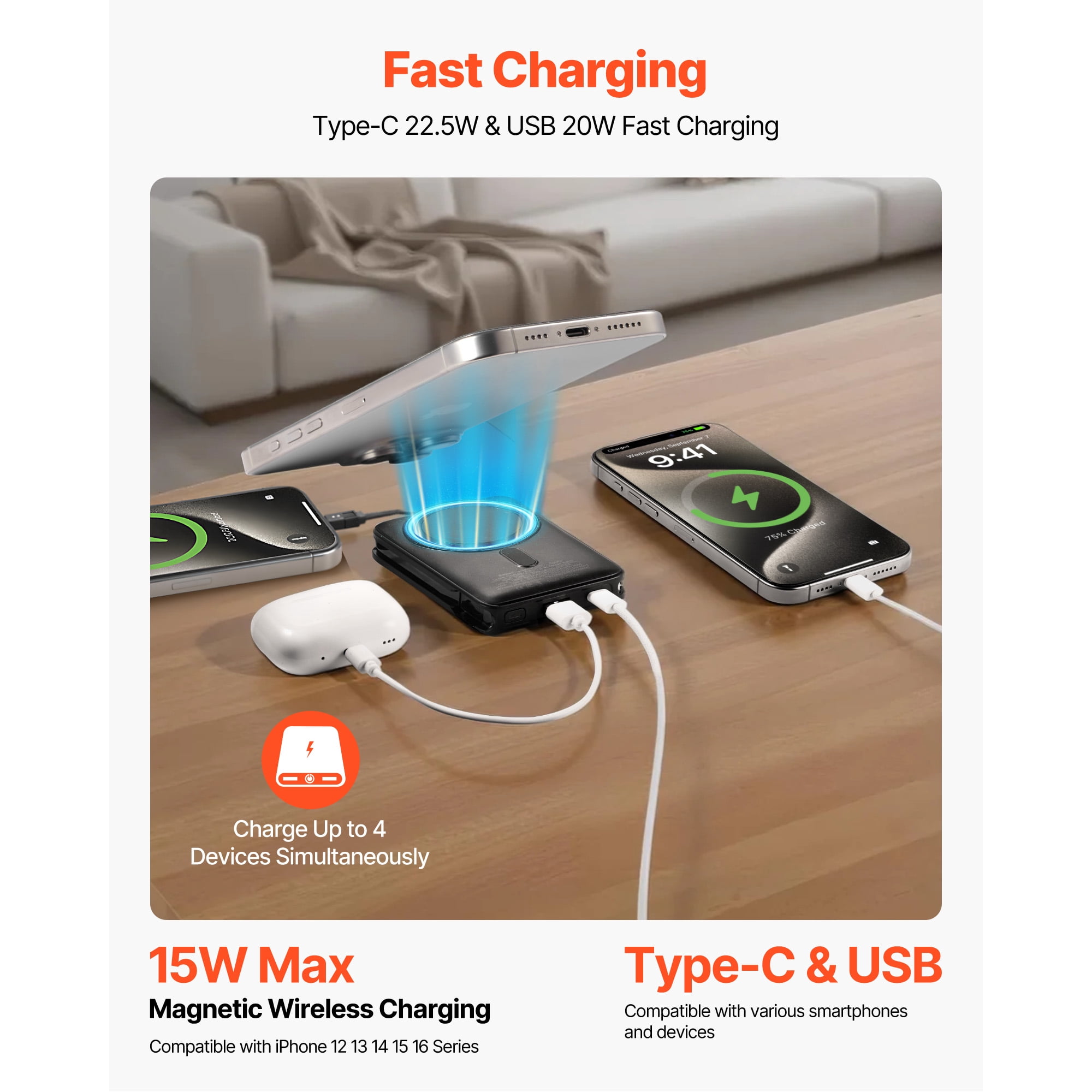 KFFKFF Magnetic Power Bank, 10000 mAh Portable Charger with Wireless Compatibility, Smart LED Display, Foldable Stand, and Fast Charging for iPhone16/15/14/13/12 Series, Samsung, Huawei