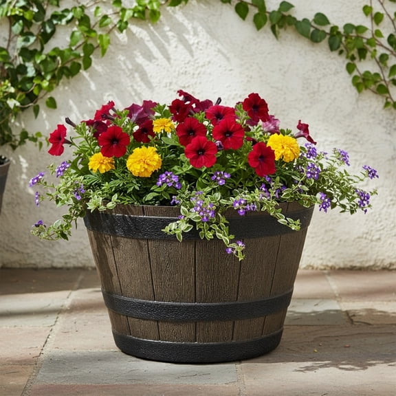 Jardinière en Résine Tonneau de Whiskey Mainstays 14 pouces, Marron