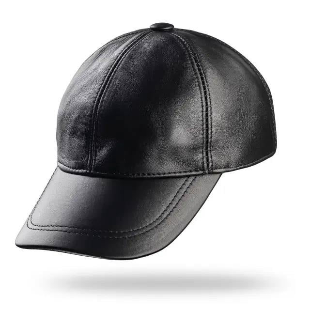 Black  Leather Baseball Cap Adjustable  Real Lambskin Leather Hat Sports Visor