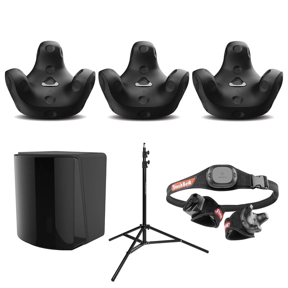 HTC 3 Pack VIVE Tracker (3.0) Bundle with, Base Station 1.0, Rebuff Reality TrackBelt   2 TrackStraps Full Body Tracking VR Bundle, Light Stand