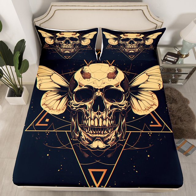 Sugar Skull Twin Fitted Sheet for Teens Boys Girls,Geometric Triangle Sheets(No Top Sheet)