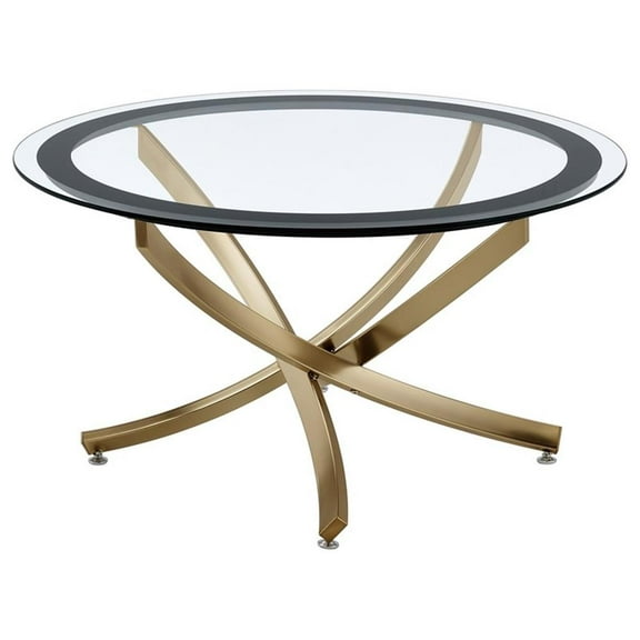 Pemberly Row Contemporary Round Glass Top Coffee Table Metal Base Brass
