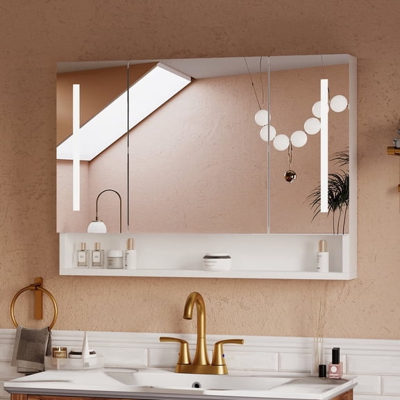 Sunrinx 35"x28" Bathroom Medicine Cabinet with Mirror, Aluminium LED Mirror Cabinet with Storage, Defogging Function, Cosmetic Rack & Hair Dryer Holder, Khaki