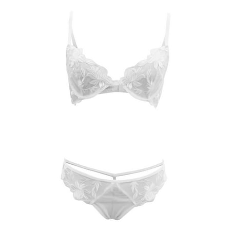 

Womens See Through Mesh Bras And Thong Panties Sets No Underwire No Pad Floral Embroidered Sexy And Naughty Lingerie