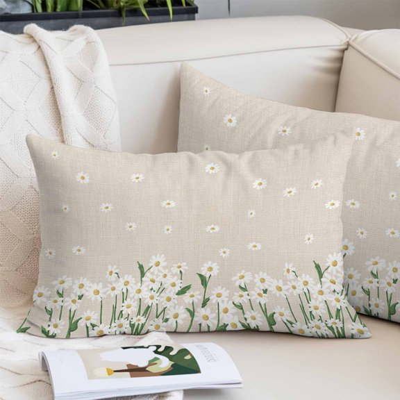 Spring Floral Lumbar Pillow Covers 12x20 Inch, White Daisy Farmhouse Linen Texture Decorative Pillowcase with Zipper, Microfiber Pillow Protector, Breathable Throw Pillowcases for Couch Sofa Bed