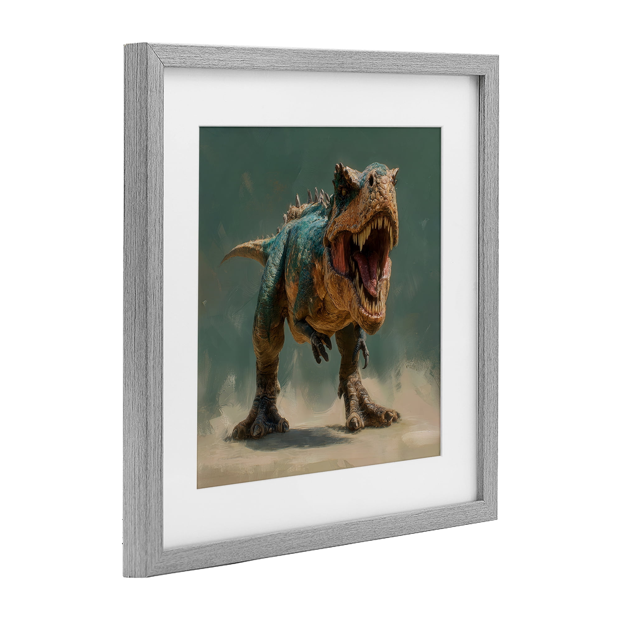 Stupell Industries Roaring T-Rex in Green Gray Framed Print Under Glass, design by Wumples