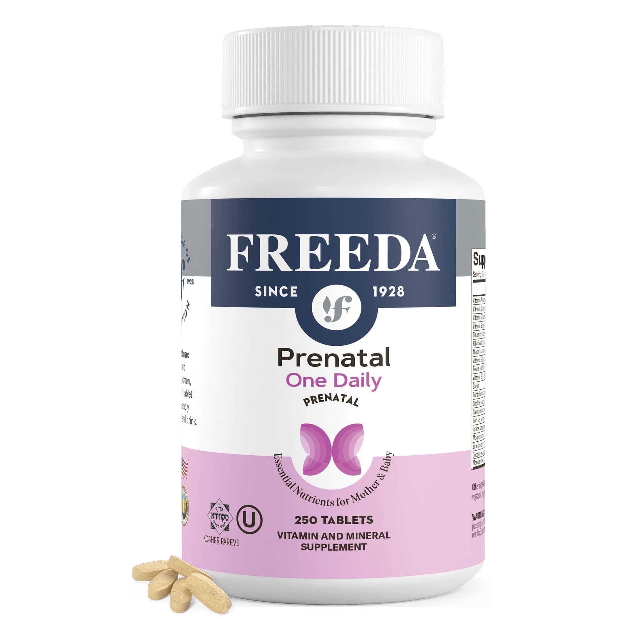 Freeda One Daily Prenatal Vitamin with Iron & Methylfolate | Once Daily Prenatal Support for Mom & Baby | Vitamins for Pregnancy & Lactation | Vegan, Gluten Free | 250 Tablets