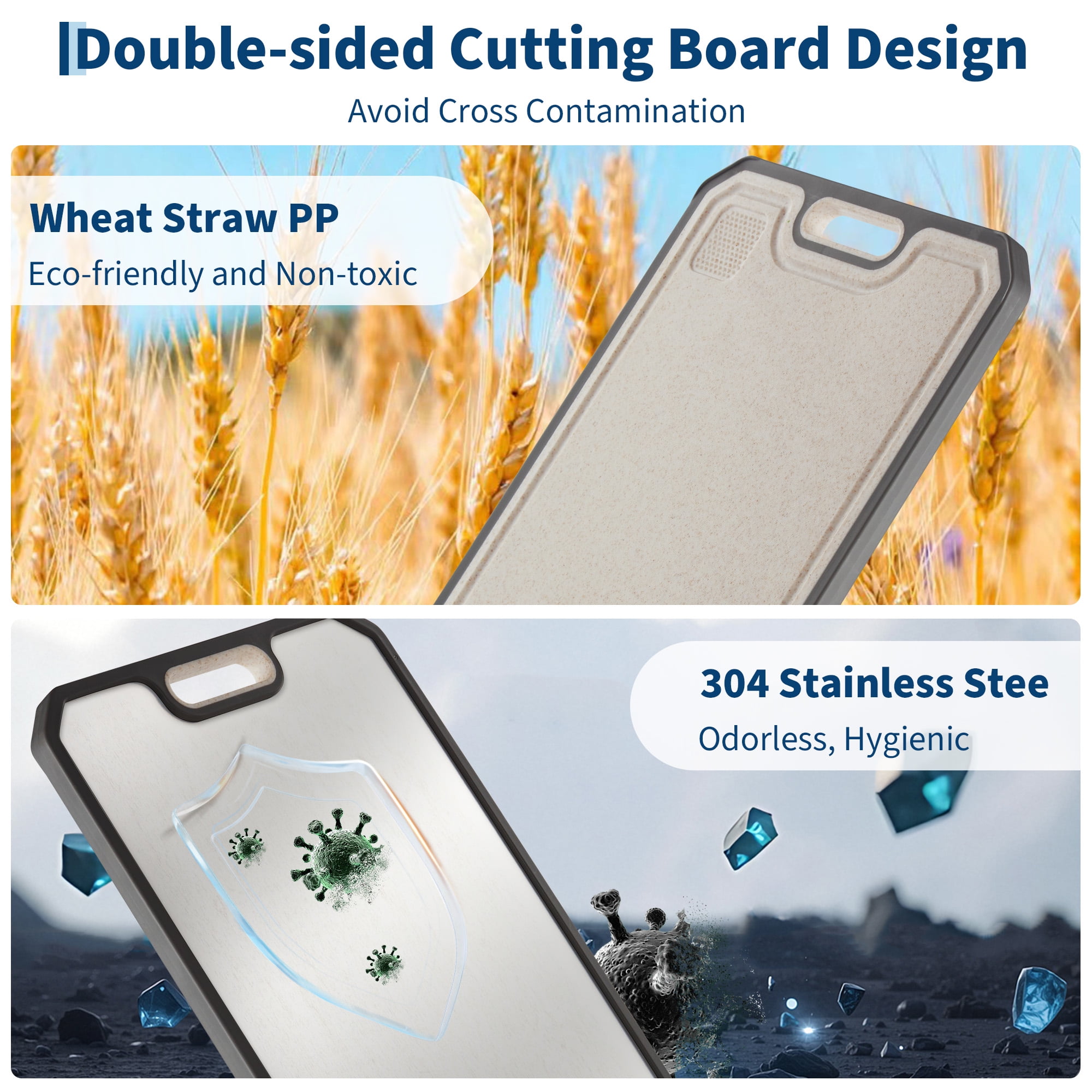 Double-Sided 304 Stainless Steel & Titanium Cutting Board with Deep Juice Groove & Built-in Handles, Easy to Clean Chopping Board, for Kitchen – 15x10 Inch