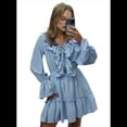 thumbnail image 3 of Vestido Corto Informal de Verano para Mujer, con Escote en V, Larga, Holgado, Cintura Alta, Plisado y Volantes Azul M, 3 of 8