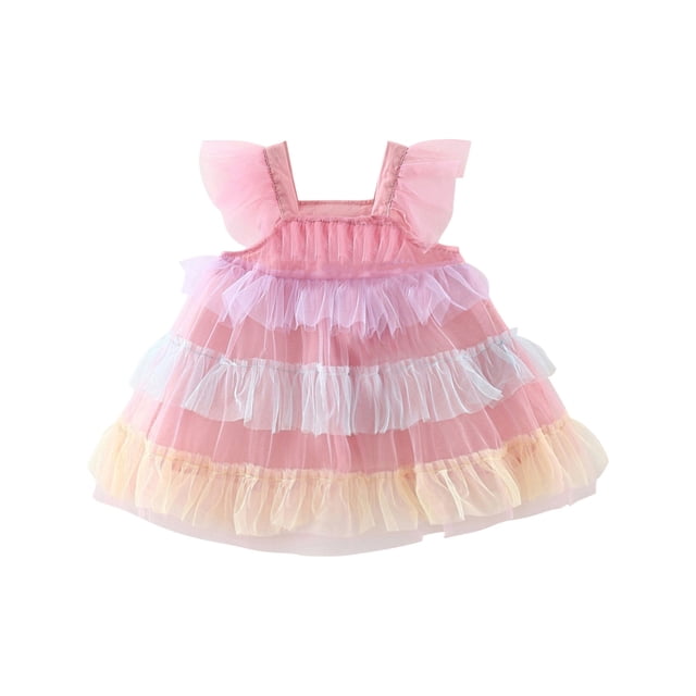 Robe Sans Manches à Col Rond pour Tout-Petits Enfants Filles Mignonne Été en Maille Imprimé Multicolore Robe à Manches Volantes Jupe