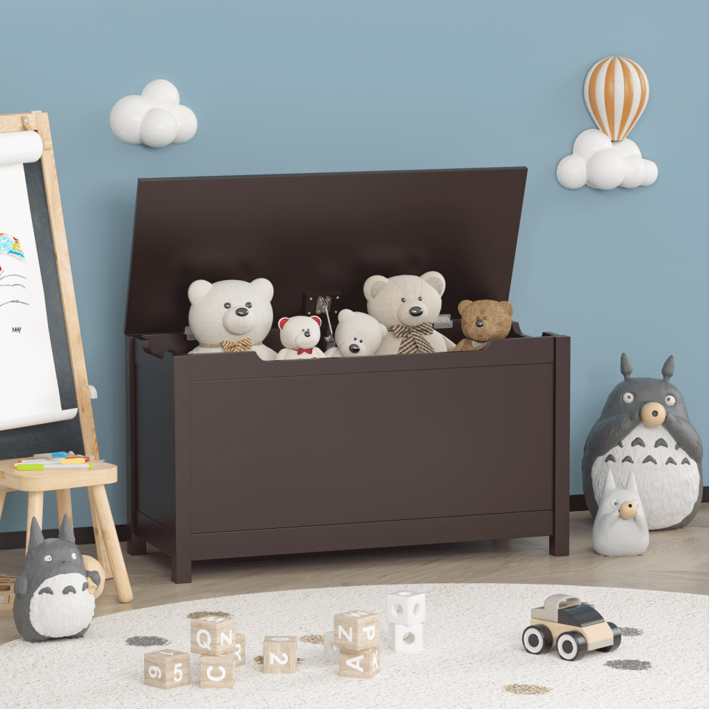 Kids Wooden Toy Box Storage with Safety Hinged Lid for Ages 3+, Large Versatile Uses Wooden Box, Kids Play Room Nursery Organizer for Playroom Organization, Gift for Boys & Girls, Coffee