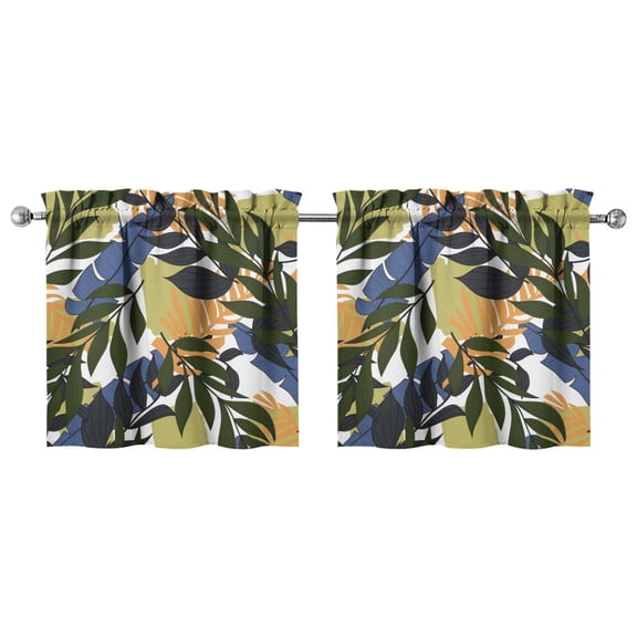 Hawaiian Palm Leaf Print 2 Tier Curtains 27.5x24 Inch Set Tropical Plant Inspired Semi-Sheer Panels