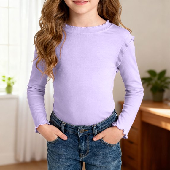 larppty Girls Lettuce Edge Trim Crewneck Long Sleeve Slim Fit Shirt Toddler Basic Ribbed Knit Tee Ruffle Shoulder Tops(Purple,3-4 Years)