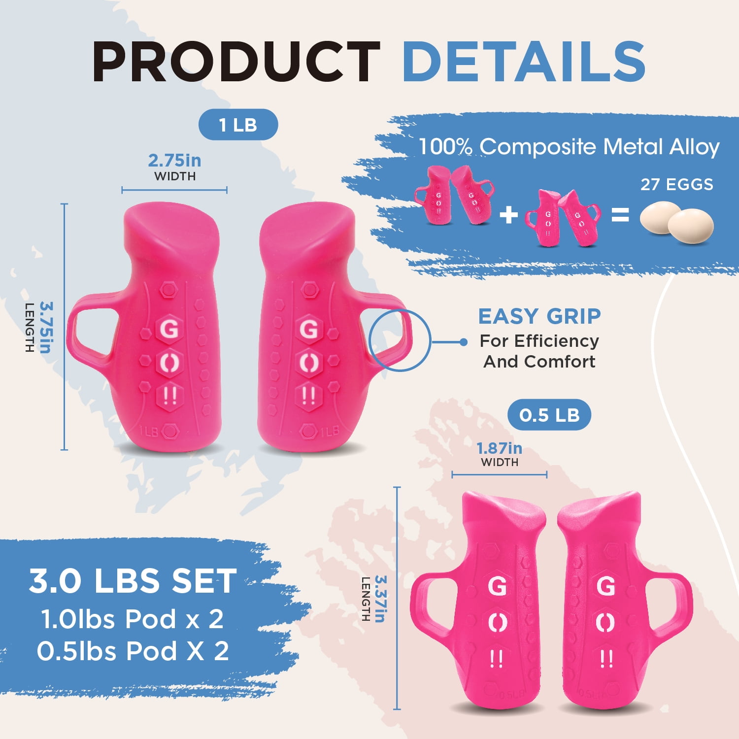 Dumbbell Go Pods Set of 4, Egg Weights, Add weight training for yoga, walking, jogging, water aerobics, high-intensity exercises, running, 1lb x 2 and 0.5lb x 2