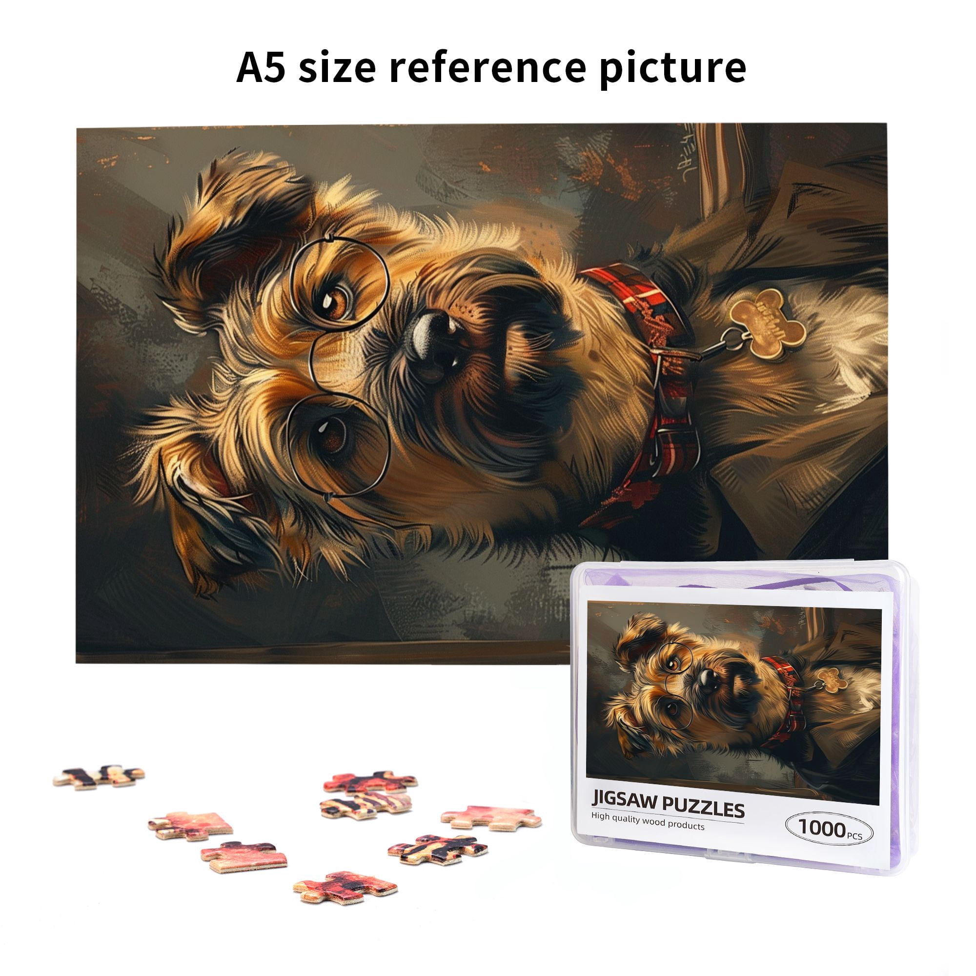 1000 pcs Glasses puppy 1000 Piece Wooden Puzzles,Unique and Beautiful Design,Funny Animal Art Stress relieving puzzle 1000 Piece,Exquisite Glasses puppy High difficulty puzzle,for Puppy Lovers Gift