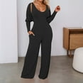 thumbnail image 2 of TrendOFT Formal Jumpsuit For Women Summer Plus Size Casual Long Sleeve Deep V Neck High Stretch Ribbed Rompers For Women One Piece Overalls Black M, 2 of 9