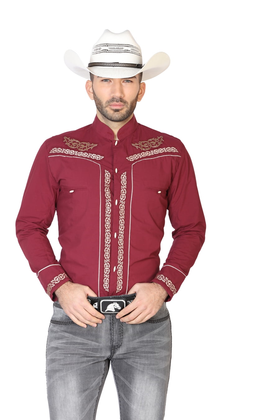 Men's Charro Shirt Camisa Charra El General Western Wear Red Long Sleeve 