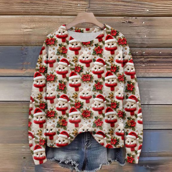 Resicozy Women Ugly Christmas Sweater Crew Neck Long Sleeve Funny Loose Plus Size Trendy Winter Knit Xmax Holiday Sweater Khaki L