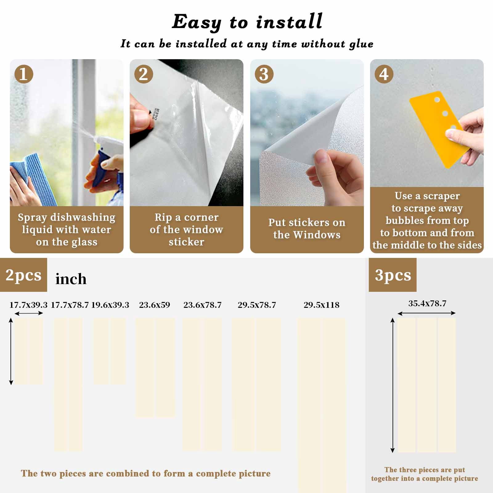 No Glue Heat Blocking Window Flims, Cream Window Privacy Film Frosted, Farmhouse Solid Beige Color Modern Art Peep-proof Door Windows Tint for Bathroom, Dormitory, 17.7 x 78.7 Inches