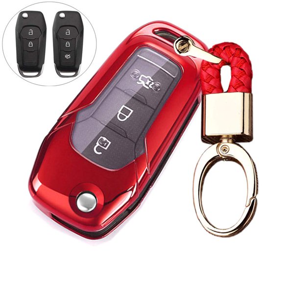 ROYALFOX(TM 2 3 Buttons Soft TPU flip Remote Key Fob case Cover for 2015 2016 2017 2018 2019 Ford F150 F250,Focus 3 Escort Kuga Everest Fiesta Mustang Edge MKV Fusion 2016 Ranger (red)