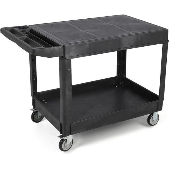 Large Heavy Duty Plastic Utility Service Cart Flat top 45.8 x 25 Inch, Work Cart Flat Shelves Holds up to 550 lbs - 2 Tier Service Cart with 360°Swivel Wheels