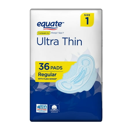 Equate Ultra Thin, Size 1, Regular Pads with Flexi-Wings, 36 Ct