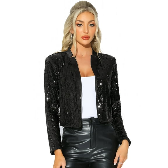 DARING DIVA Sequin Crop Long Sleeve Open Front Sparkle Glitter Blazer XS Black