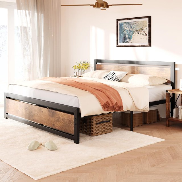 AKDSteel Queen/King Size Bed Frame, Industrial Bed Platform with Headboard, No Box Spring Needed, 14 Inch Height, Easy Assembly, Retro Brown