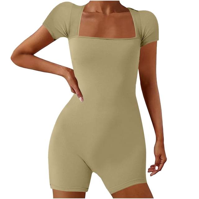 AherBiu Yoga Bodysuits for Women Square Neck Short Sleeve Slim Stretchy Workout Short Jumpsuits Rompers
